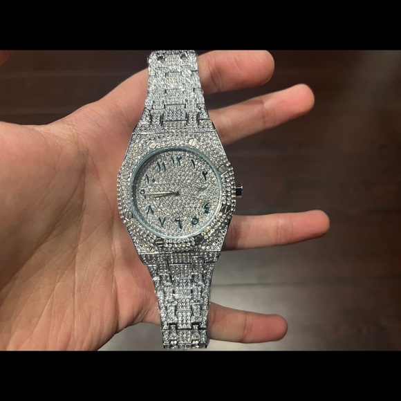 Mens Arabic dial watch cz diamonds silver round dial premium quality - Picture 1 of 3